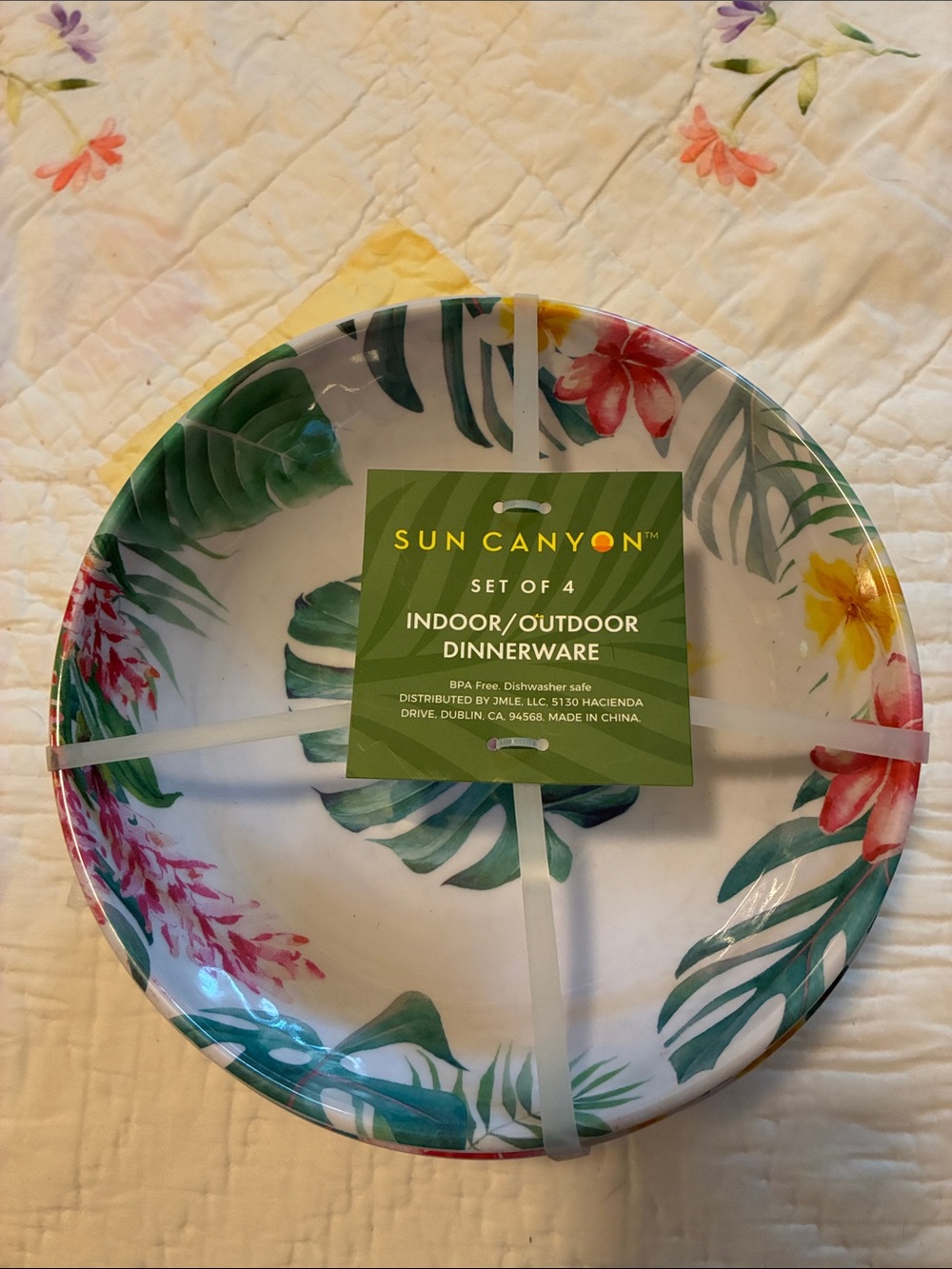 Sun Canyon Tropical Leaf Indoor/Outdoor Dinner Plate - White & Green - Set of 4